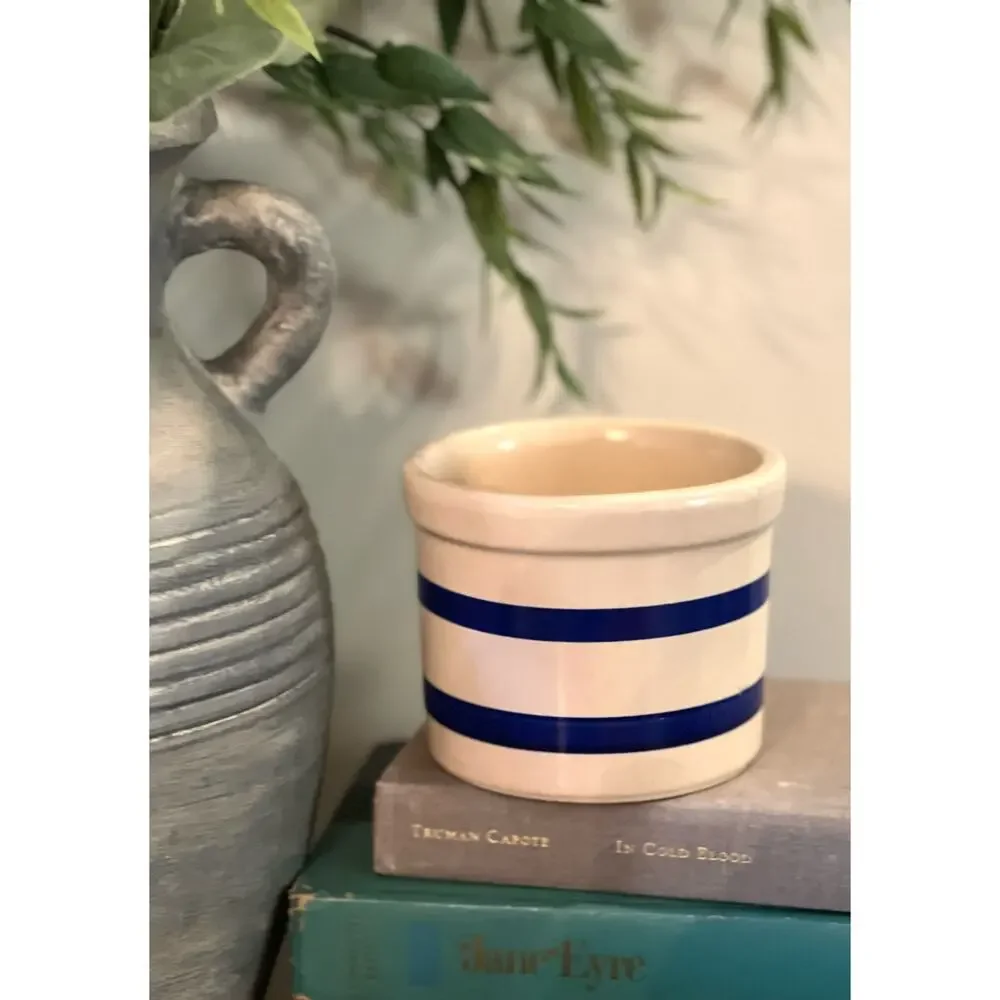 RRP Co Roseville Ohio Pottery Jar Short 3.5” Crock Blue Stripe Cottage Country
